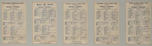 England v Australia set of five printed silk scorecards from each test during the 1909 Ashes series, 
 each silk printed with test details, mounted as