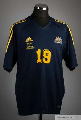 Hayden Foxe blue and yellow No.19 Australia v. Ireland short-sleeved shirt, 2003, 
 Adidas, XL, with v-neck collar and embroidered badge inscribed SOC
