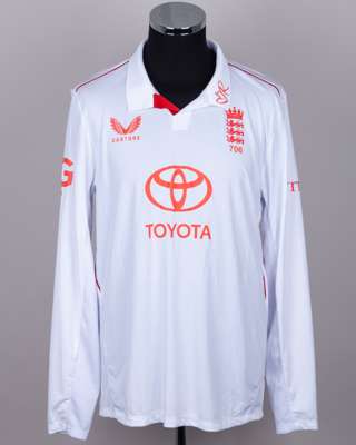 Jamie Overton Match Issued white and red No.75 England v. India, signed Red For Ruth shirt