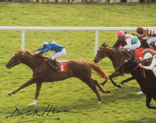 A Dick Hern signed colour photograph of Nashwan winning the 1989 2,000 Guineas, 10 by 8in. signed in ink, mounted with a title caption, unframed  Prov