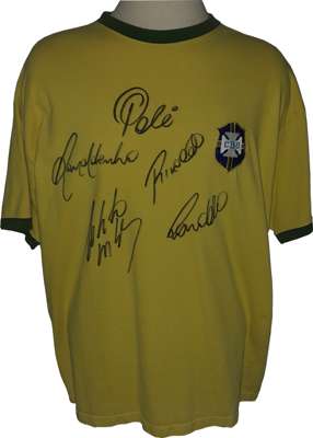 Brazil Mexico 1970 Toffs retro jersey signed by five Samba Legends, Pele, Ronaldo De Lima, Ronaldinho, Rivaldo and Roberto Carlos, 
 jersey is in exce