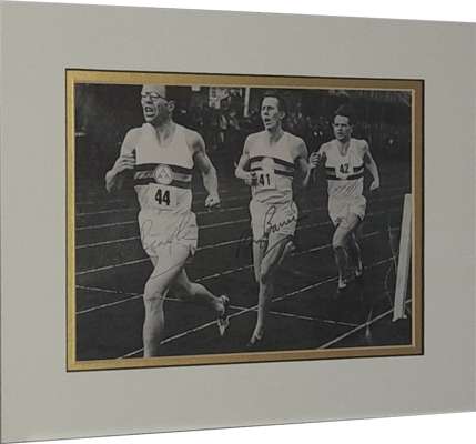 Athletics – Breaking the 4 minute mile signed black & white print by Roger Bannister, Christopher Chataway & Chris Brasher, 
 Bannister broke the reco