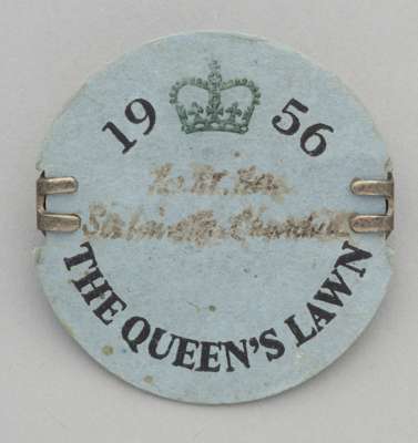 Sir Winston Churchill's Royal Ascot race meeting badge for The Queen's Lawn in 1956,
 the blue cardboard badge bearing hand written ink inscription TH