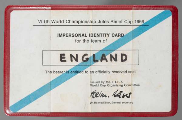The FIFA issued impersonal identity card for the team of England at the 1966 World Cup,
 in red FIFA wallet, issued by Dr Helmut Kaser, FIFA Organisin
