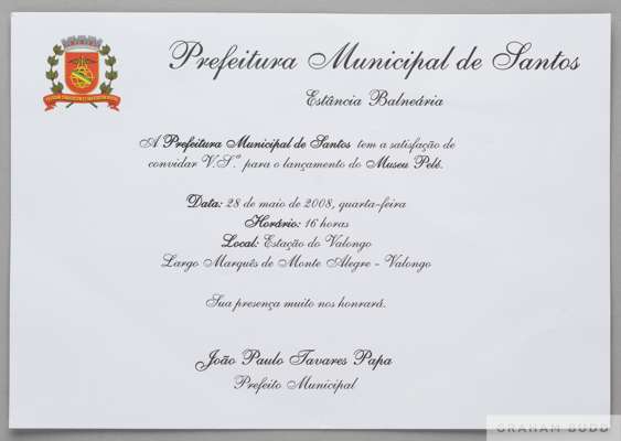 An invitation to the ground breaking for the Pelé Museum in Santos
 São Paulo, Brazil, presented to Pelé by the City of Santos. The event took place o