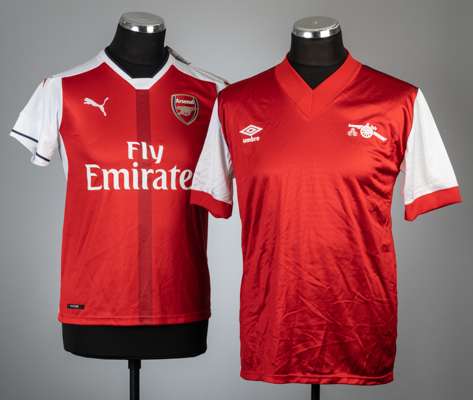 Two Arsenal replica jerseys, 
 comprising red and white Arsenal replica jersey, season 1982-83, Umbro, short-sleeved with applied felt club crest and 