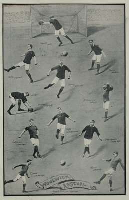 Woolwich Arsenal pictorial team line-up print by Reinhold Thiele,
 depicting the images of the players in team formation on a pitch with name and posi
