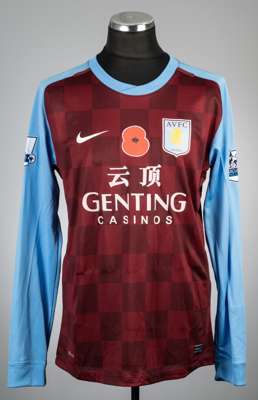 James Collins claret and blue Aston Villa Poppy no.6 home jersey v Norwich City, played at Villa Park, 5th November 2011,
 Nike, long-sleeved with BAR