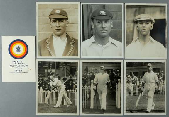 England 1932-33 Bodyline ephemera,
 MCC Tour brochure/itinerary; and six b&w press photographs of England cricketers, Jardine, Hammond, Larwood, Leyla