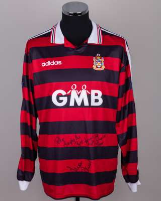 Simon Stewart red and black No.3 Fulham long-sleeved shirt, 1997-98