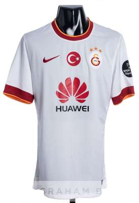 Blerim Xhemaili white Galatasaray No.6 away jersey, season 2014-15, 
 short-sleeved, SPOR TOTO SUPERLIG badge, Turkish flag, club crest and sponsor lo