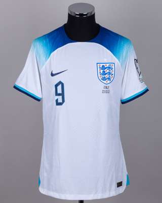 Harry Kane white and blue No.9 England v. Italy autographed short-sleeved shirt, 2023