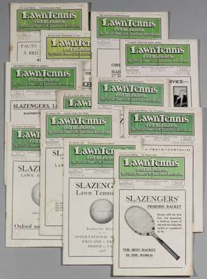 Twelve copies of “The Lawn Tennis and Badminton Magazine”, circa 1926, 
 containing page adverts for Bussey, Ayres, Gradidge, tournament results and p
