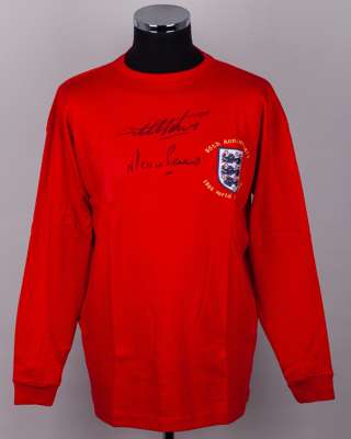 Geoff Hurst and Martin Peters autographed red England 1966 World Cup Winners replica shirt