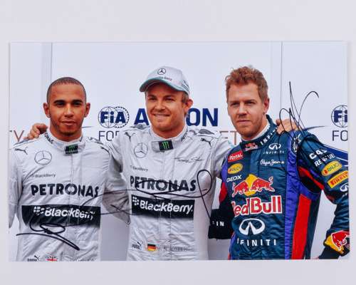 Lewis Hamilton, Sebastian Vettel & Nico Rosberg Signed A4 Photo
