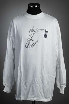 Signed white Tottenham Hotspur retro jersey by three legendary captains Alan Mullery, Steve Perryman & Dave Mackay,
 Toffs, long-sleeved with embroide