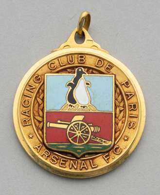 George Swindin yellow-metal and enamel Arsenal v. Racing Club De Paris medal, 
 the obverse inscribed RACING CLUB DE PARIS, ARSENAL F.C., the reverse 