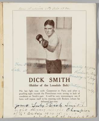 Joe Beckett v. Dick Smith Championship of Great Britain boxing programme, 5th March 1920, 
 the inside cover autographed and annotated by Dick Smith a