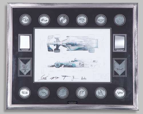 Mercedes 2017 Signed Technical Drawing, Medals & Car Part Framed Display