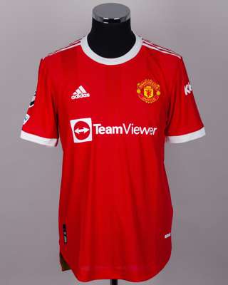 Jadon Sancho red No.25 Manchester United match worn Champions League shirt, 2021-22