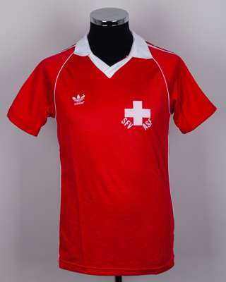 Rudolf Elsener red and white No11 Switzerland v. England match worn shirt, 1981