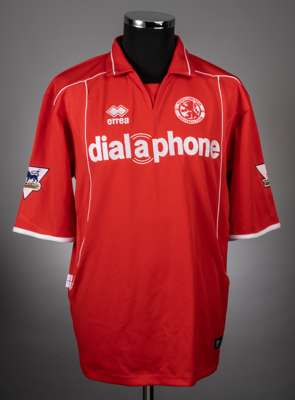 Juninho red No.10 Middlesbrough short-sleeved jersey, 2003-04, 
 Errea, L, with v-neck collar and embroidered cloth badge inscribed MIDDLESBROUGH FOOT