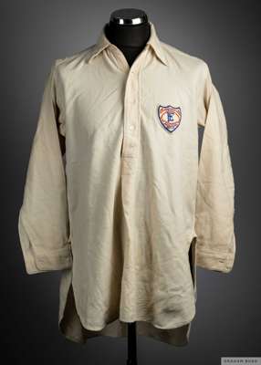 Tom Wilson white all wool England Football League v.  Irish Football League match worn shirt, 1928-29
 with button-up collar and embroidered cloth bad