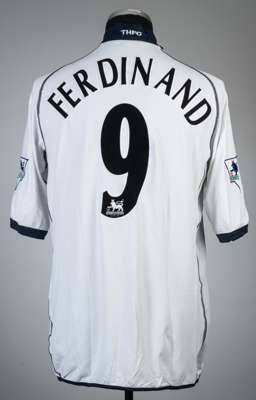 Les Ferdinand white Tottenham Hotspur no.9 home jersey v Everton, played at Goodison Park, 17th August 2002,
 Kappa, short-sleeved with THE FA PREMIER