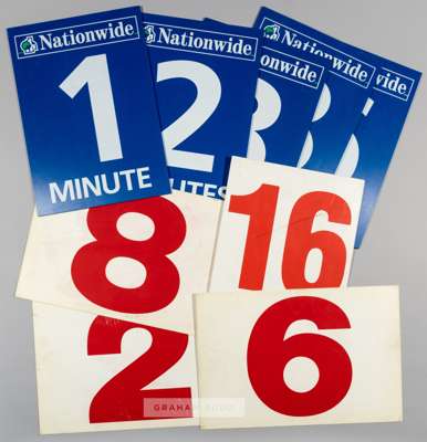 Five Nationwide Football League Fourth Official pre-digital stoppage time minute boards, 1990s,
 the blue boards with NATIONWIDE logo and MINUTE in wh