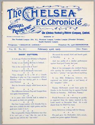 Chelsea v Burton United programme, 23rd February 1907,
 ex-bound volume, 8-page programme with team line-up on reverse, slight discolouration to front