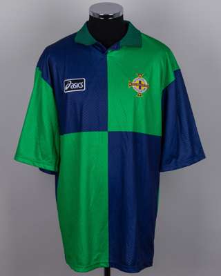 Green and blue No.14 Northern Ireland v. Germany match issued shirt, 1996