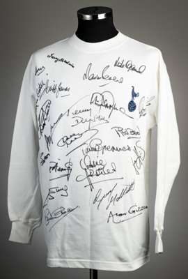 White Tottenham Hotspur replica jersey, signed by legends of the club,
 Toffs, long-sleeved with embroidered club crest and neck label, size M, signed