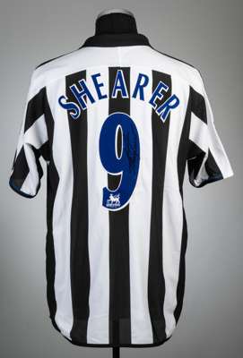 Alan Shearer signed black and white striped Newcastle United no.9 home jersey, season 2004-05,
 Adidas, short-sleeved with BARCLAYCARD PREMIERSHIP sle