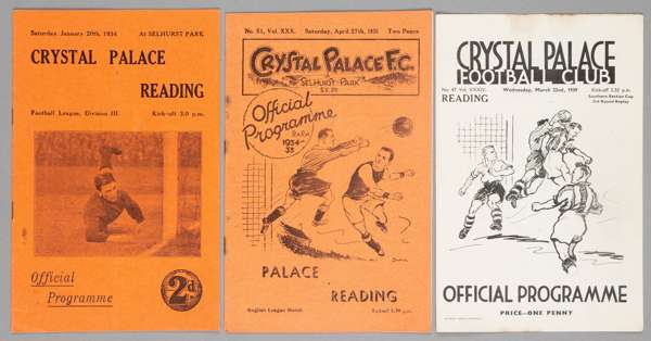 Three Crystal Palace v Reading programmes,
 F.L. Division Three South fixtures 20th January 1934, 27th April 1935 and 22nd March 1939