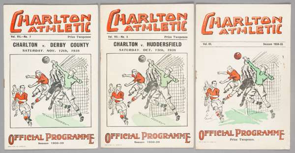 Three Charlton Athletic 1930s programmes,
 FL Division Three (South) fixture v Swindon Town 25th December 1934, and FL Div One matches v Huddersfield 