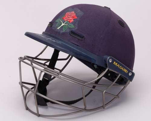 An autographed Jimmy Anderson Masuri cricket helmet