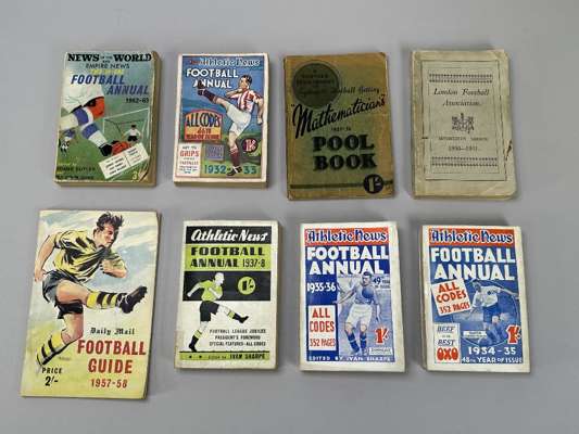 A collection of football annuals and stat books from 1938,
 including Athletic News, 1938-39, 1939-40, etc, Littlewood's Football Annual, 1935-36, Pla