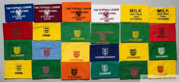Nice group of twenty-one Football Association Wembley Stewards armbands
 including Charity Shield, League Cup, 1978, 1979, 1980, 1981, 1, Milk Cup, 19