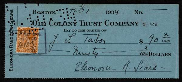 ELEANORA SEARS, FIVE U.S OPEN DOUBLES GRAND SLAM TITLES 1911-1917 RARE ORIGINAL FULLY SIGNED BANK CHEQUE,
 ELEANORA RANDOLPH SEARS PERSONAL SIGNED BAN