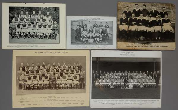 Five Arsenal FC b&w team and management paper and photograph images, dating from 1929-30,
 comprising Arsenal FC 1st XI 1929-30, with legend, 20 by 25