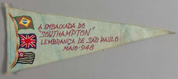 A pennant relating to Southampton FC's Tour of South America and the match v Sao Paulo 25th May 1948 and originally owned by Sir Alf Ramsey,
 felt pen