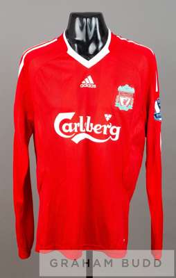 Stephen Darby red Liverpool no.32 home jersey, season 2008-09,
 long-sleeved with BARCLAYS PREMIER LEAGUE sleeve badges, club crest and sponsor logo, 