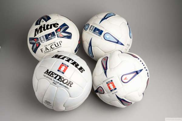 A collection of Official Mitre FA Cup match issued footballs
 Mitre Iso Final 2003/04, Mitre Ultimax 2019/20, Mitre Iso Final 2001/02, Mitre Meteor 20