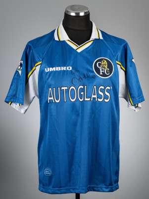 Gianfranco Zola signed blue Chelsea no.25 home jersey, season 1997-98,
 Umbro, player issued short-sleeved with THE FA PREMIER LEAGUE sleeve badges, c
