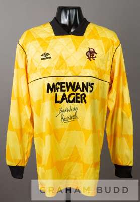 Chris Woods signed yellow Glasgow Rangers no.1 goalkeeper's jersey, circa 1989,
 by Umbro, long-sleeved with padded elbows and chest, embroidered club