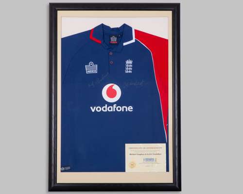 Sachin Tendulkar and Michael Vaughan autographed blue and red England cricket replica shirt