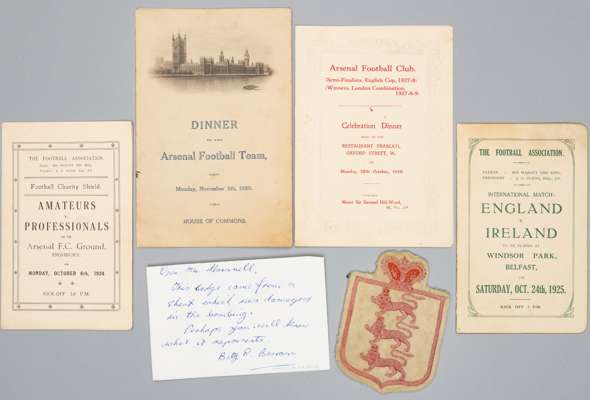 A group of memorabilia originally owned by Alf Baker of Arsenal FC, 
 comprising an England shirt badge with three lions and crown in rose coloured si