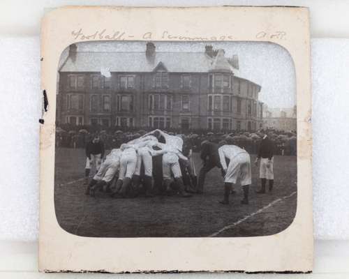 An early glass slide of a rugby scrum at Raeburn Park, Edinburgh