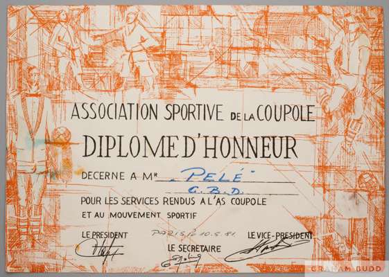 A certificate presented to Pelé on May 10, 1981, by the Association Sportive de la Coupole of Paris
 In recognition for his service to the association