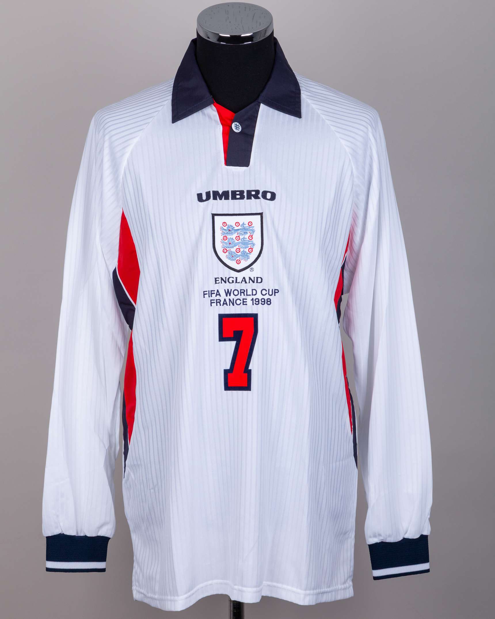 David Beckham white No.7 England World Cup issued long-sleeved